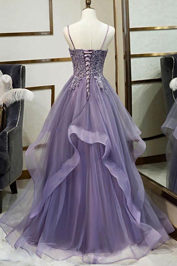 Spaghetti Tulle Lace Applique Straps Prom Dress With