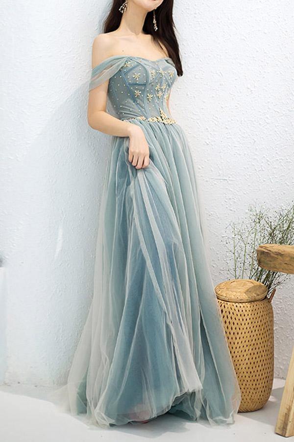 A-Line Off Shoulder Beaded Appliques Long Prom Dress
