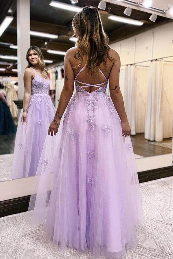 A-Line V Neck Tulle Long Slit Prom Dress