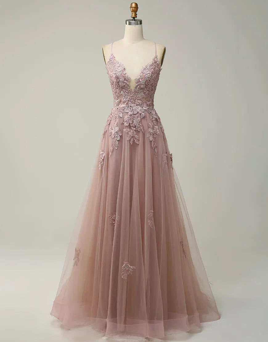 Vestido de fiesta largo con abertura, tirantes finos, apliques y tul en forma de A