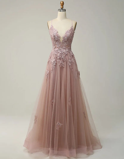 A-Linie Tüll Spaghettiträger Applikationen Langes Ballkleid mit Schlitz