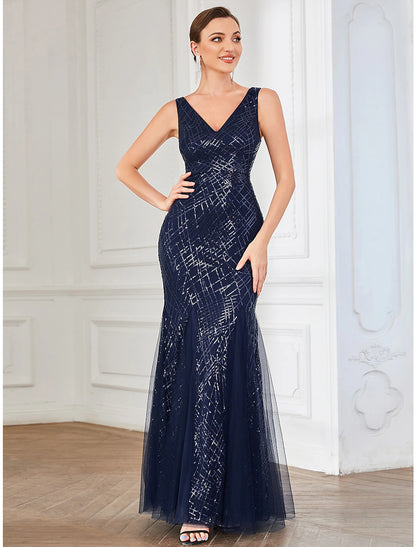 A-Linie Partykleider Sparkle &amp; Shine Kleid Hochzeitsgast Valentinstag Bodenlang Ärmellos V-Ausschnitt Tüll mit Pailletten