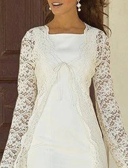Two Piece Sheath / Column Mother of the Bride Dress Wedding Guest Church Elegant Square Neck Knee Length Chiffon Lace Sleeveless Jacket Dresses with Solid Color