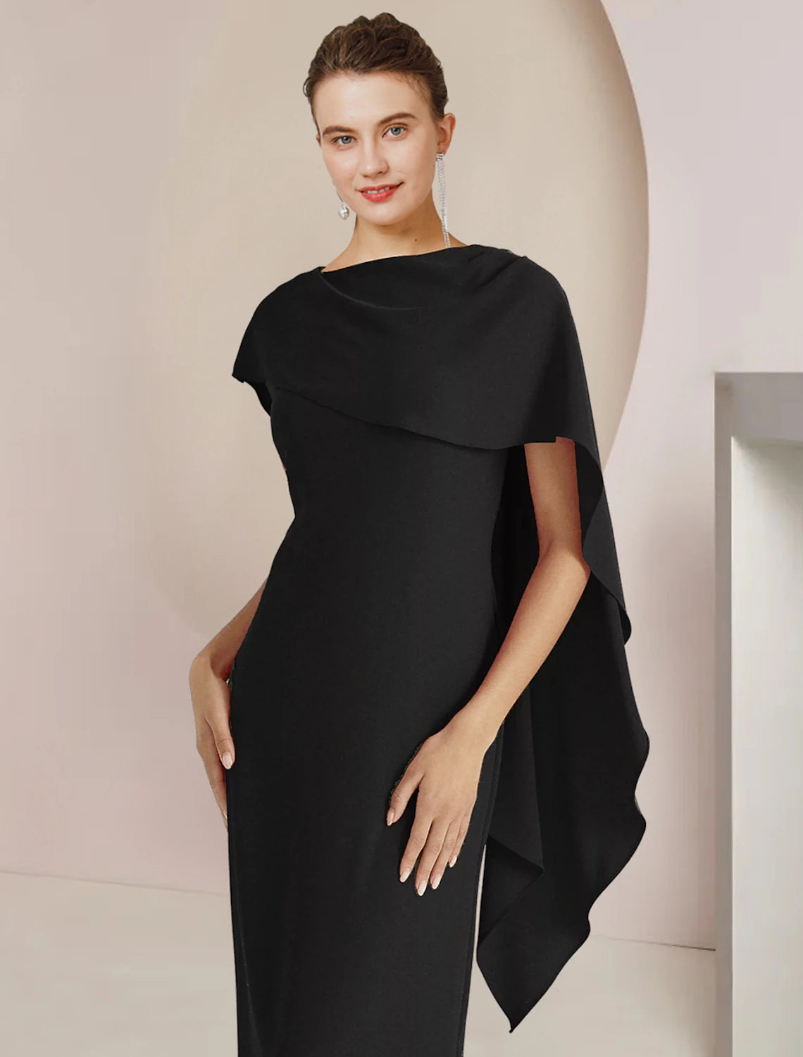 Vestido de madre de la novia con corte tubo/columna, elegante, para invitada de boda, escote redondo, largo hasta el suelo, tejido elástico, sin mangas y abertura frontal.