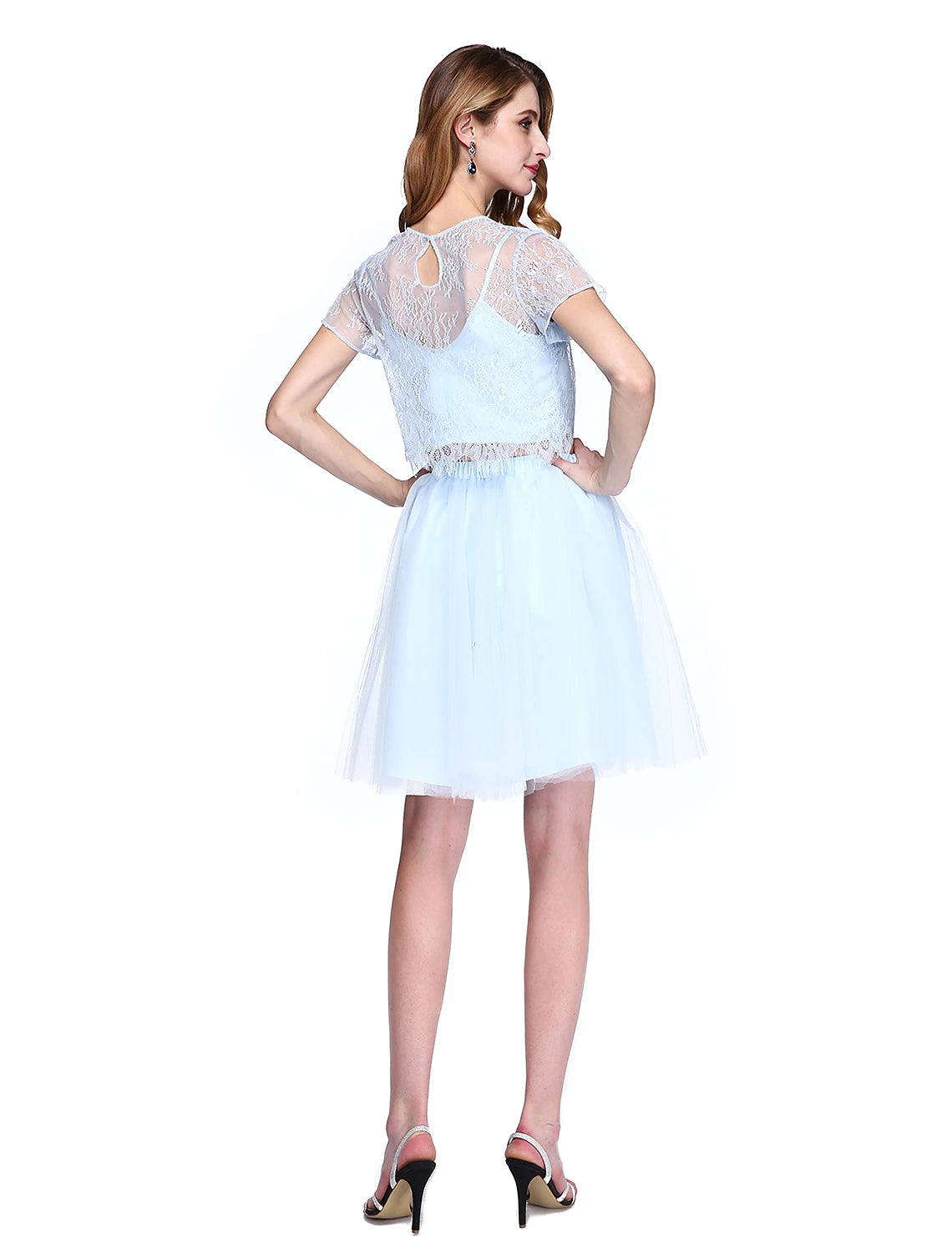 A-Line Mother of the Bride Dress Two Piece Jewel Neck Knee Length Lace Tulle Short Sleeve No with Lace