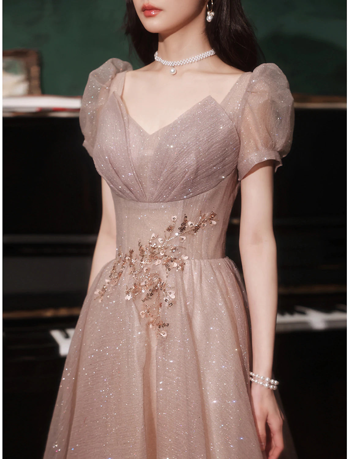 A-Linien-Ballkleid, Partykleid, Sparkle &amp; Shine, Kleid für den Abschlussball, Valentinstag, bodenlang, kurze Ärmel, V-Ausschnitt, Tüll mit Pailletten
