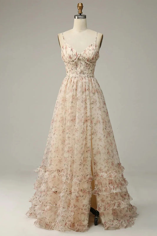 A-Linie Spaghettiträger Bodenlanges Ballkleid mit Schlitz