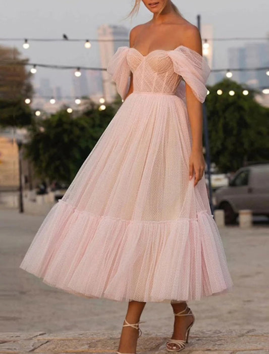 A-Linie Ballkleider Prinzessinnenkleid Hochzeitsgast Homecoming Knöchellang Kurzarm Trägerlos Rosa Kleid Tüll mit Rüschen