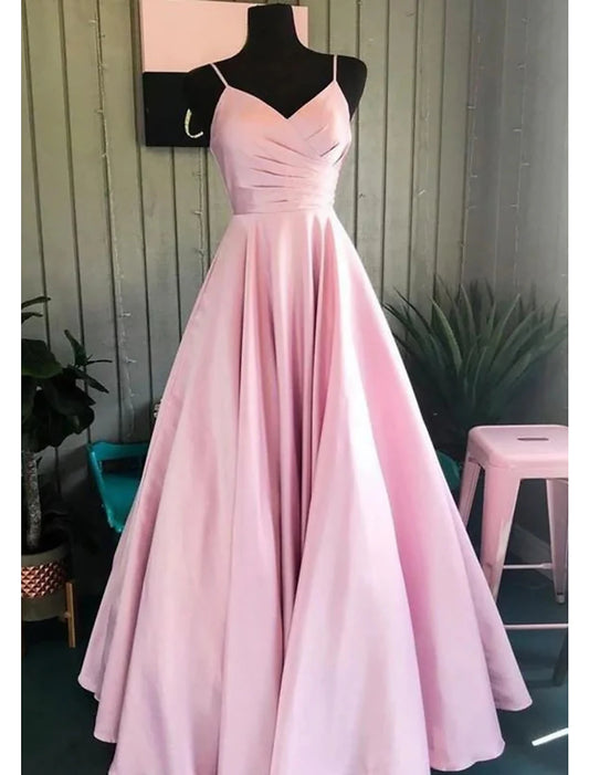 A-Linien-Ballkleider, minimalistisches Kleid, formelle Hochzeitsgäste, bodenlang, ärmellos, V-Ausschnitt, Brautjungfernkleid, Stretch-Satin, rückenfrei mit Falten, gerüscht