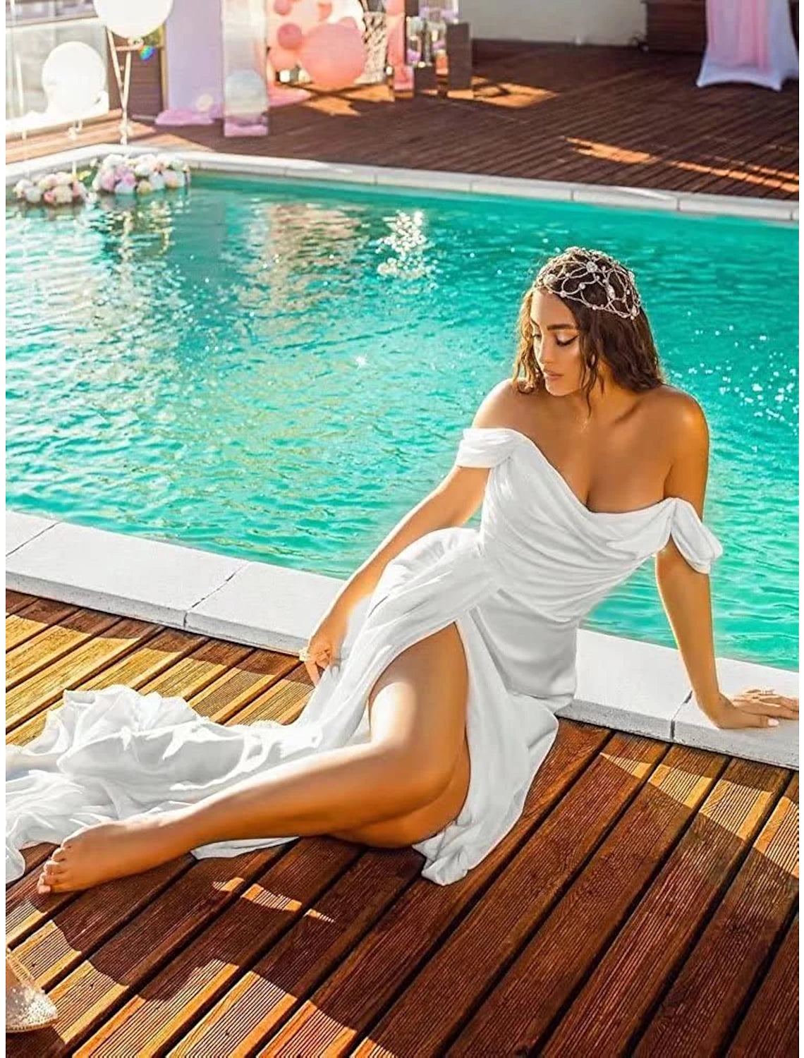 Vestidos de fiesta de sirena/trompeta, vestido imperio, fiesta formal, cola larga/corta, sin mangas, hombros descubiertos, seda sintética, sin espalda y fruncido