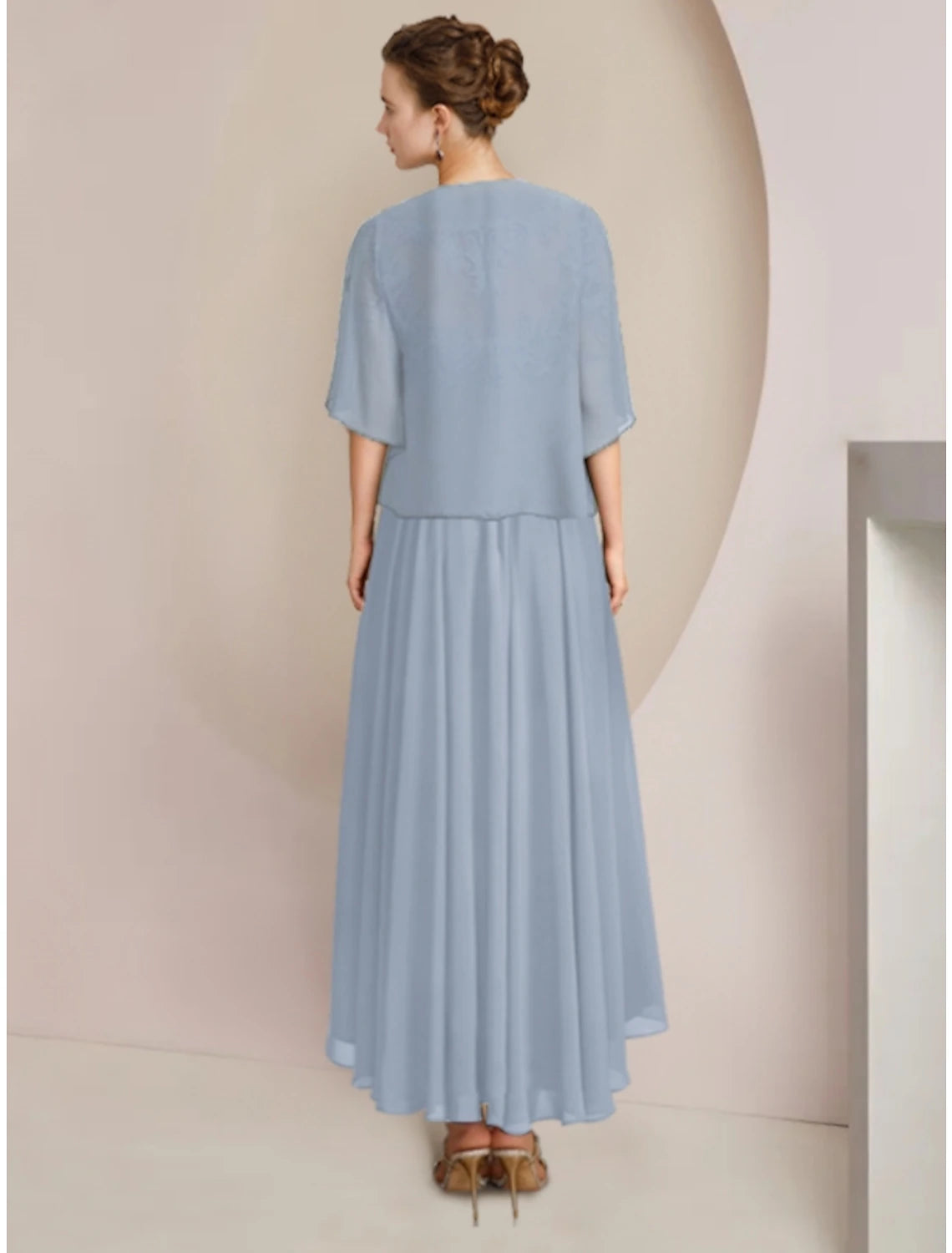 Etuikleid/Säulenkleid für die Mutter der Braut, Hochzeitsgast, Vintage, elegant, V-Ausschnitt, asymmetrisch, knöchellang, Chiffon, Spitze, halbe Ärmel mit Falten, einfarbig