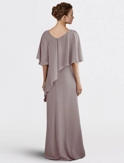 Vestido de madre de la novia con corte en forma de columna, elegante, talla grande, escote en V, largo hasta el suelo, de gasa, media manga con cuentas