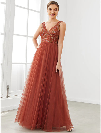 A-Linie Ballkleider Sparkle &amp; Shine Kleid Homecoming Hochzeitsgast Bodenlang Ärmellos V-Ausschnitt Tüll mit Drapierung Spleißen