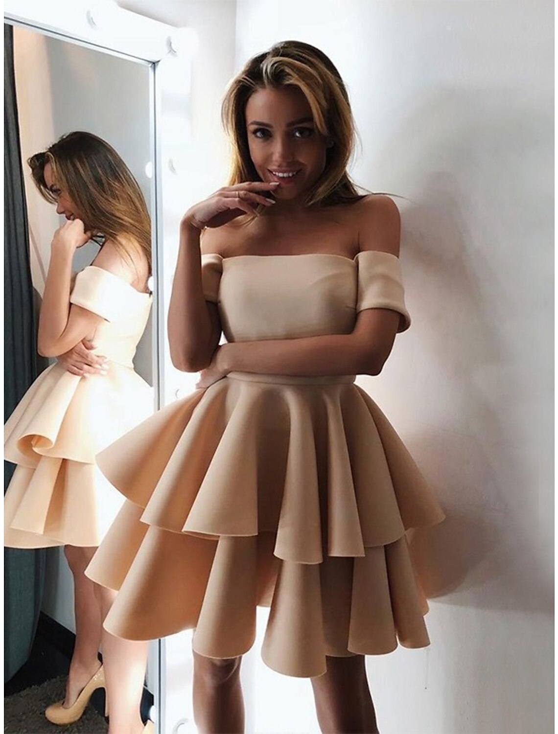 A-Line Cocktail Dresses Minimalist Dress Wedding Guest Graduation Knee Length Short Sleeve Off Shoulder Pink Dress Satin with Tiered