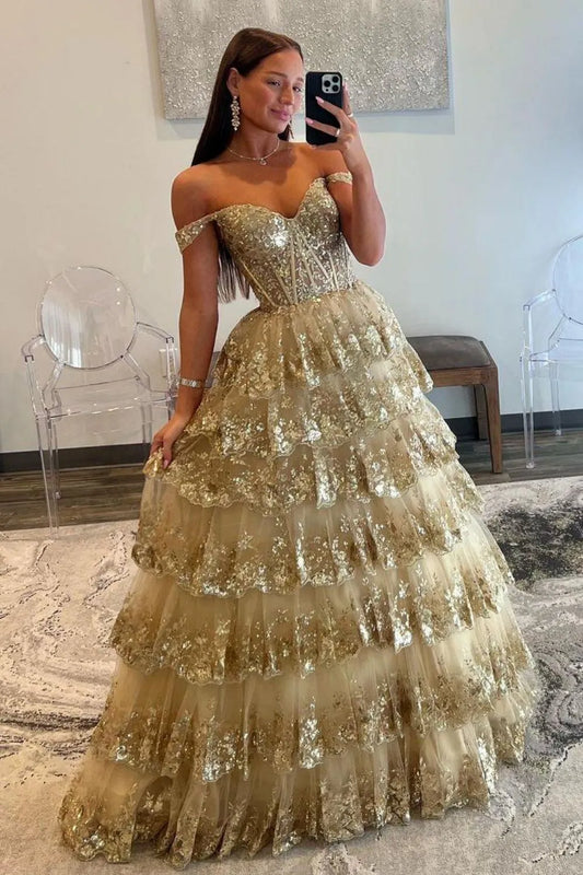 A-Line Off The Shoulder Lace Up Long Prom Dress with Sequin