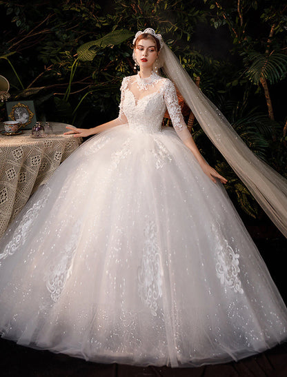 Vestidos de novia de recepción, vestido de baile, cuello alto, media manga, largo hasta el suelo, vestidos de novia de encaje con apliques