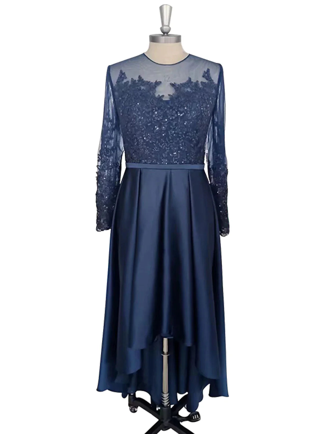 A-Line Cocktail Dresses Elegant Dress Party Wear Asymmetrical Long Sleeve Jewel Neck Satin with Crystals Appliques