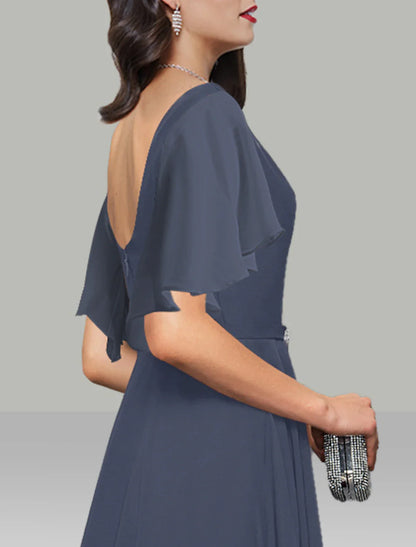 A-Line Wedding Guest Dresses Cocktail Party Kentucky Derby Tea Length Short Sleeve Cowl Neck Belt / Sash Chiffon with Rhinestone