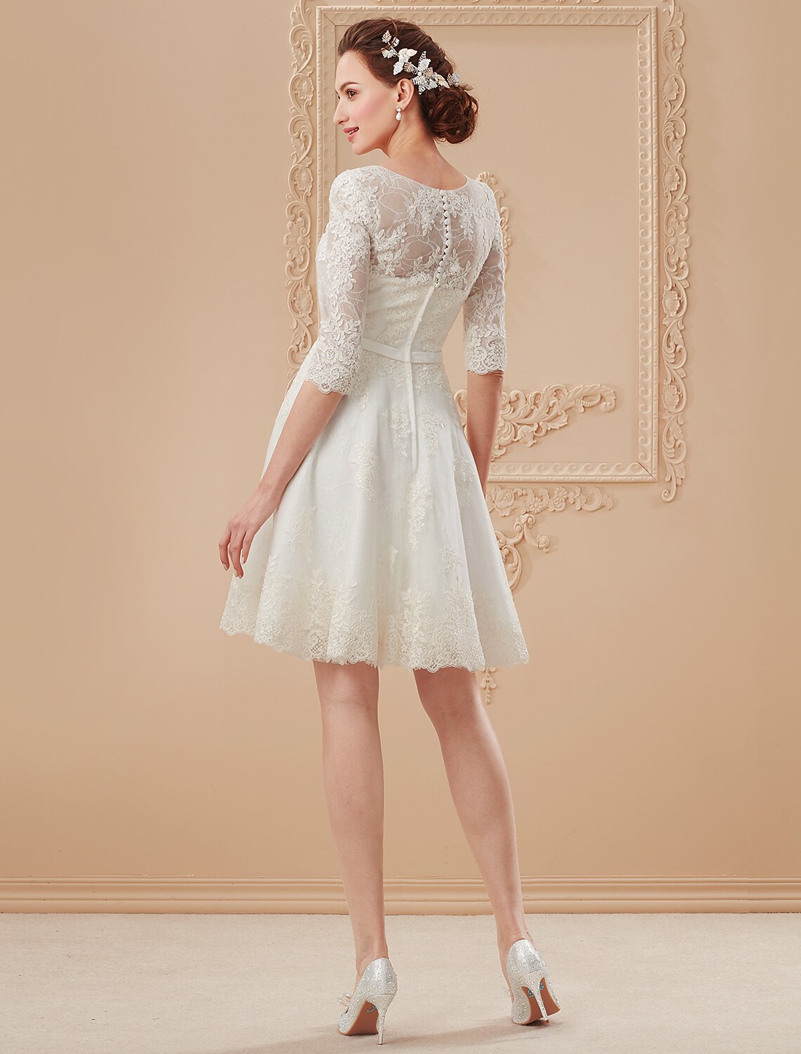 Vestidos de novia blancos de recepción, corte A, escote en V, media manga, largo hasta la rodilla, de encaje, con lazo y faja/cinta.