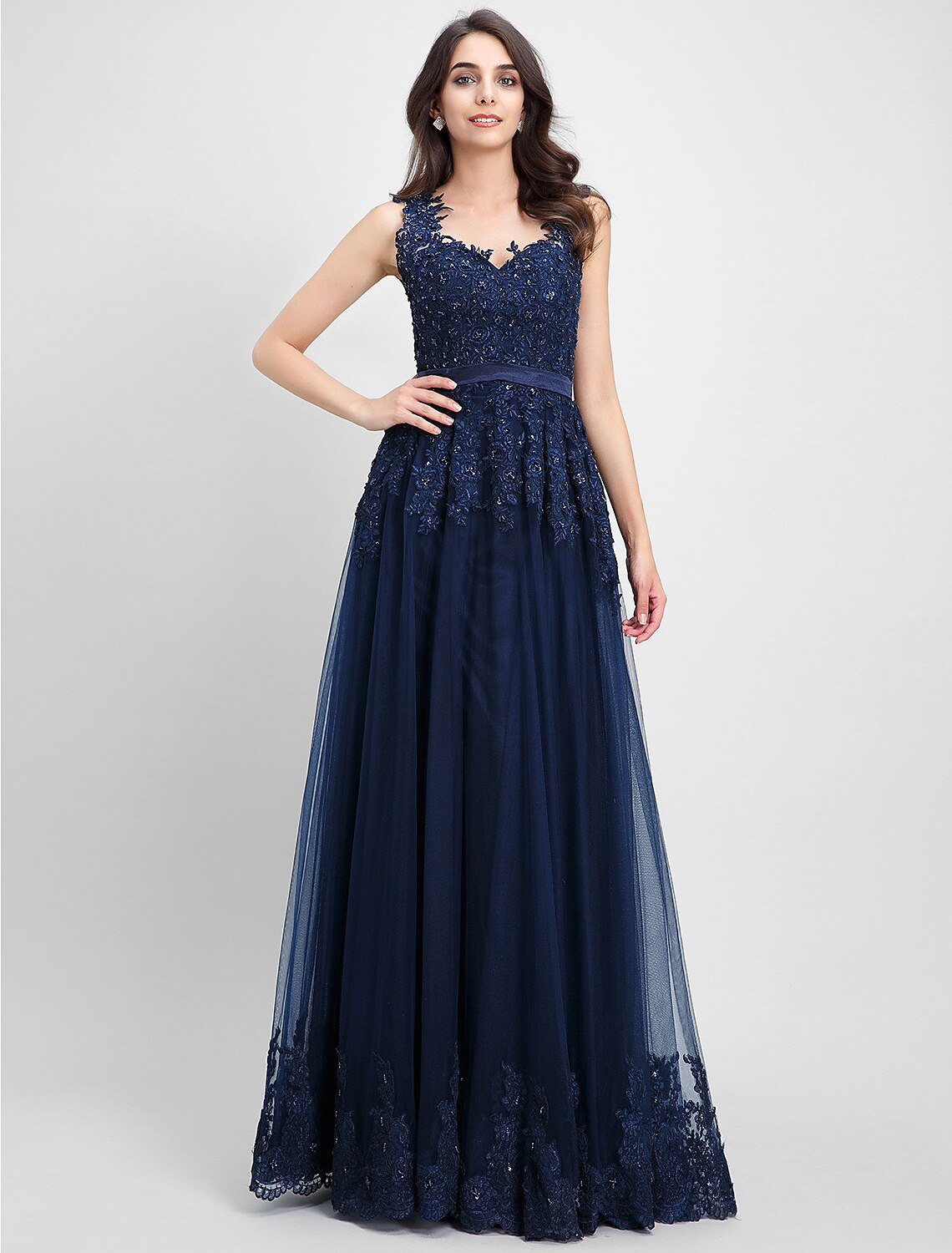 A-Line Dress Prom Formal Evening Floor Length Sleeveless V Neck Tulle with Appliques