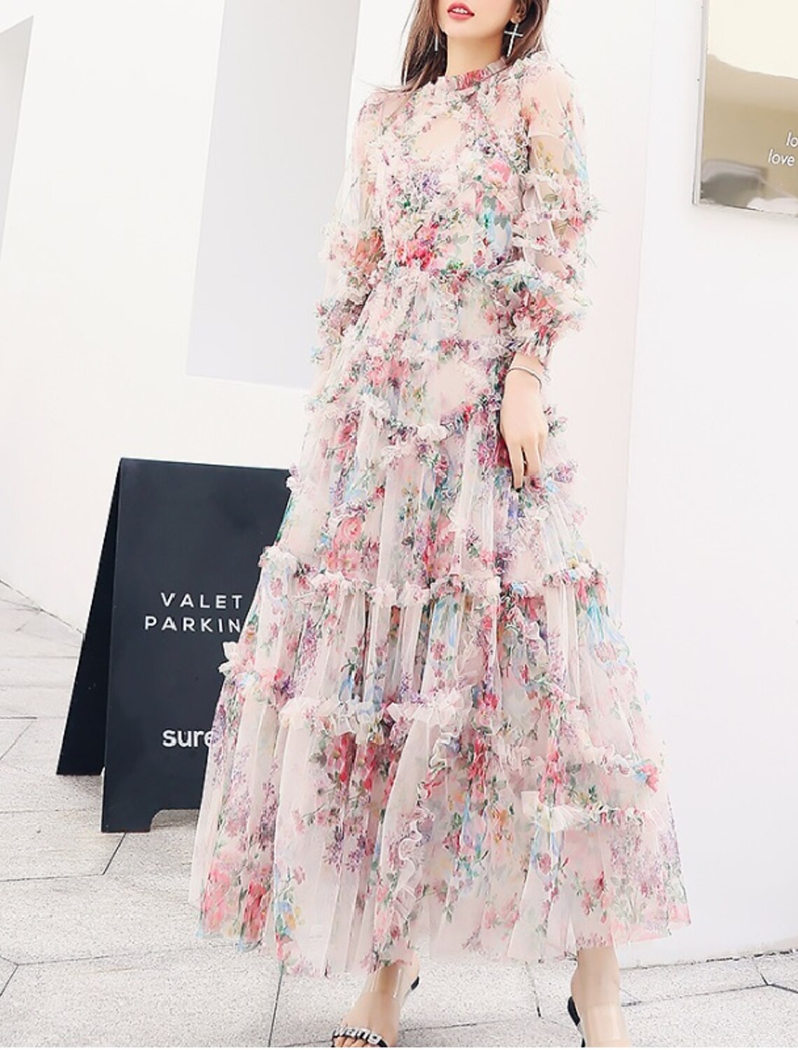 Vestido de fiesta de corte A, floral, para invitados de boda, de compromiso, largo hasta el tobillo, manga larga, cuello joya, poliéster con volantes, estampado/estampado