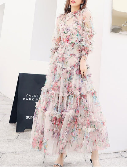 A-Line Prom Dresses Floral Dress Wedding Guest Engagement Ankle Length Long Sleeve Jewel Neck Polyester with Ruffles Pattern / Print
