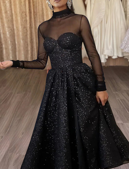 A-Line Cocktail Dresses Sparkle & Shine Dress Wedding Guest Party Wear Tea Length Long Sleeve High Neck Addams Family Tulle with Glitter Slit