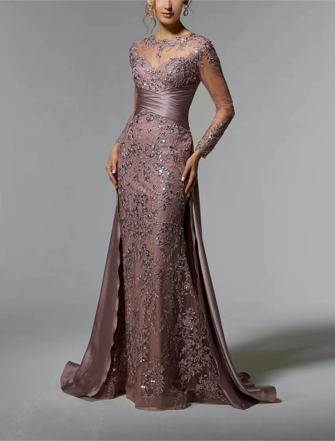 Vestido de sirena/trompeta para madre de la novia, elegante para invitadas de boda, escote joya, cola larga de barrido/cepillo, satén elástico, manga larga con fruncido de encaje y lentejuelas
