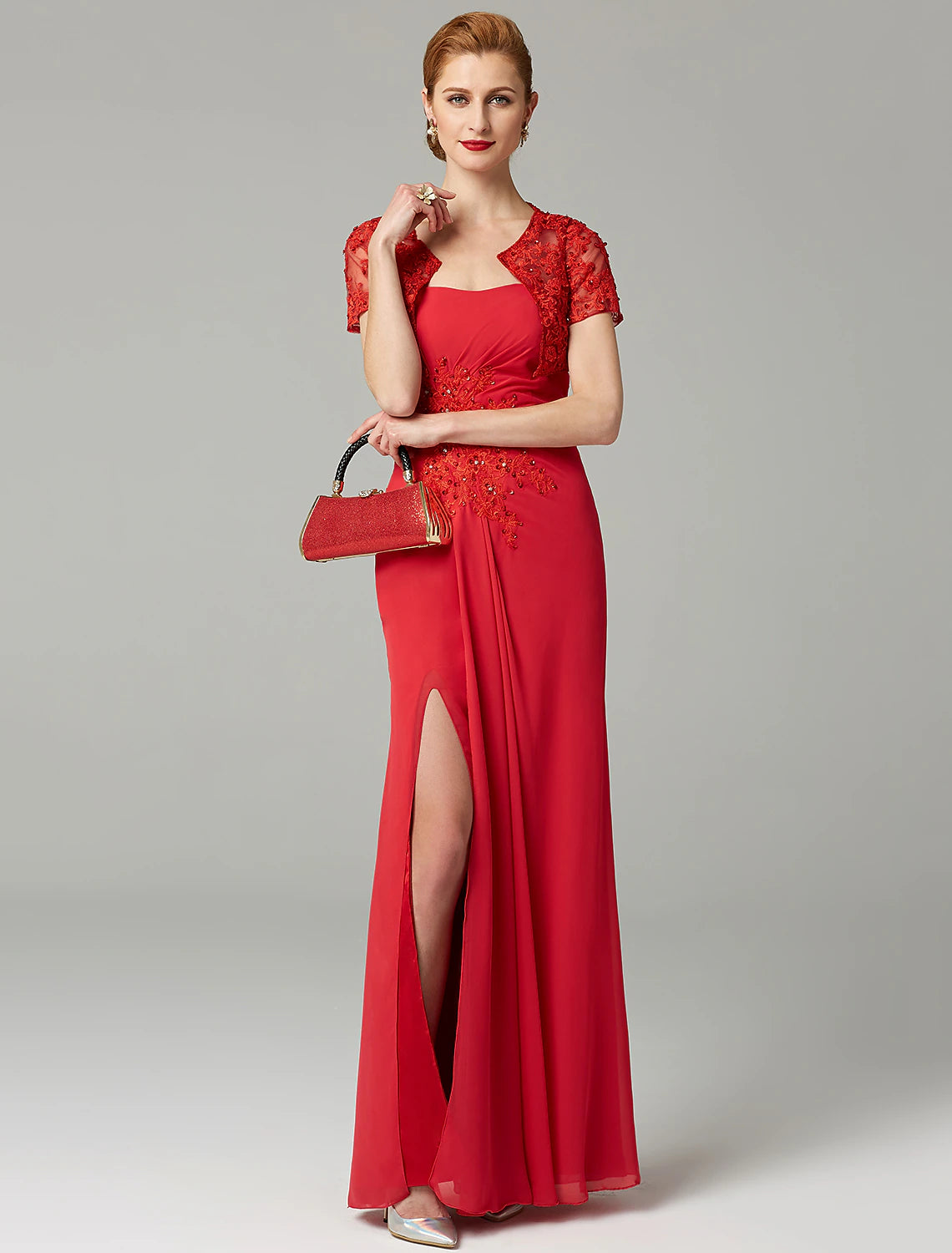 Sheath / Column Mother of the Bride Dress Strapless Floor Length Chiffon Beaded Lace Sleeveless yes with Pleats Beading Split Front