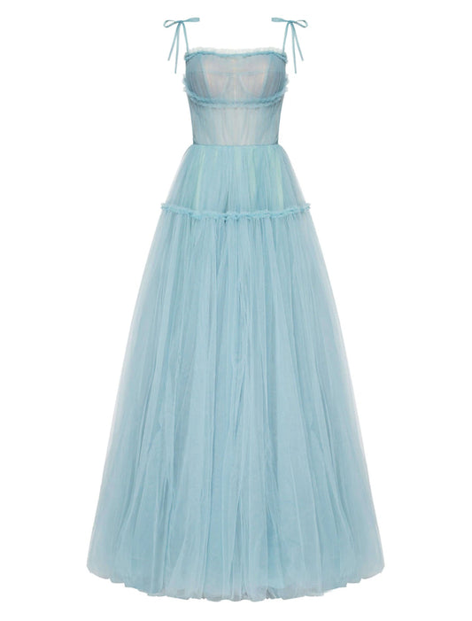 A-Linie Ballkleid Partykleid Elegantes Kleid Hochzeitsgast Ballkleid Bodenlang Ärmellos Spaghettiträger Tüll mit Falten Rüschen