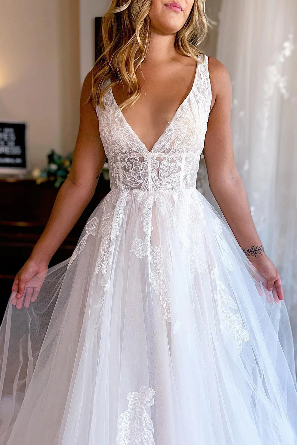 A-Line Deep V Neck Backless Long Lace Wedding Dress