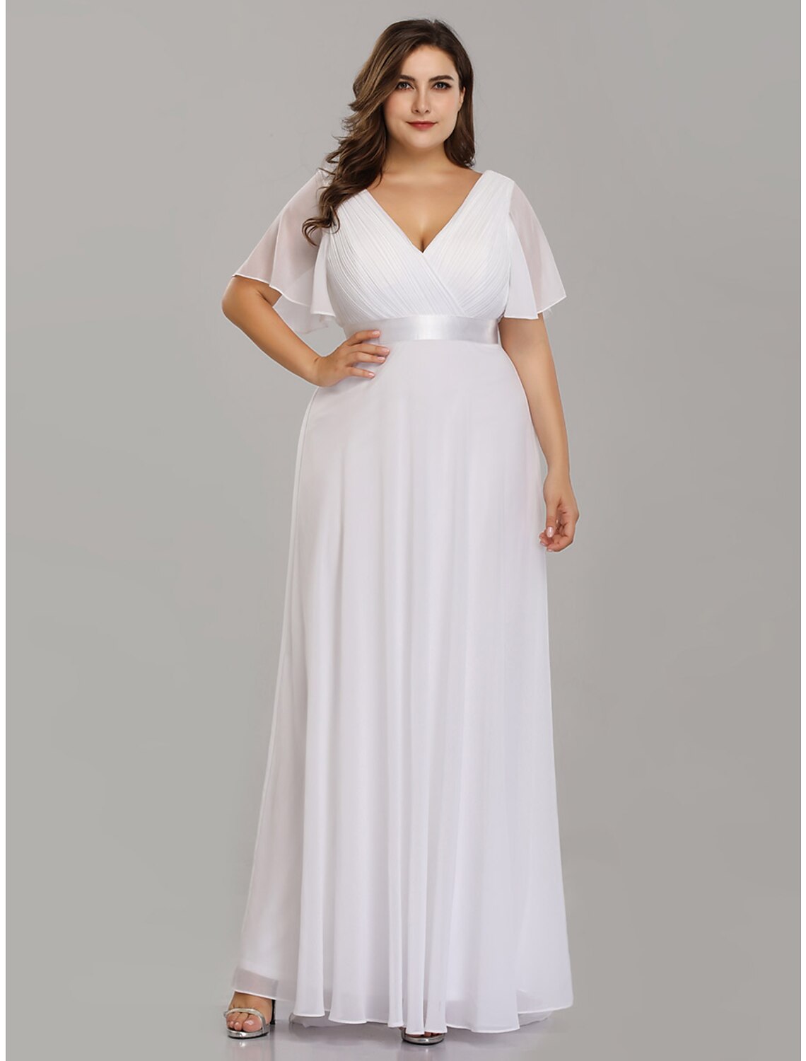 Vestido de madre de la novia de corte A, talla grande, elegante, escote en V, largo hasta el suelo, de gasa, manga corta con faja/cinta fruncida