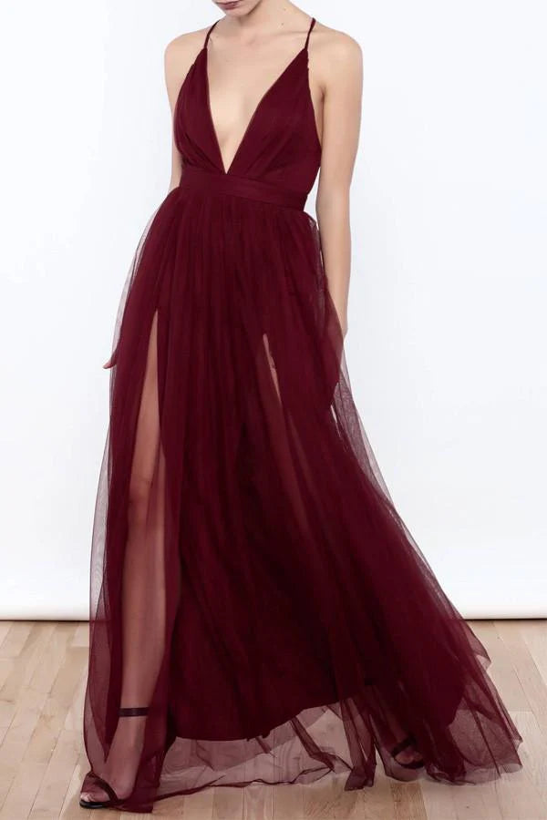 Sexy Deep V Neck Tulle High Slit Prom Dresses