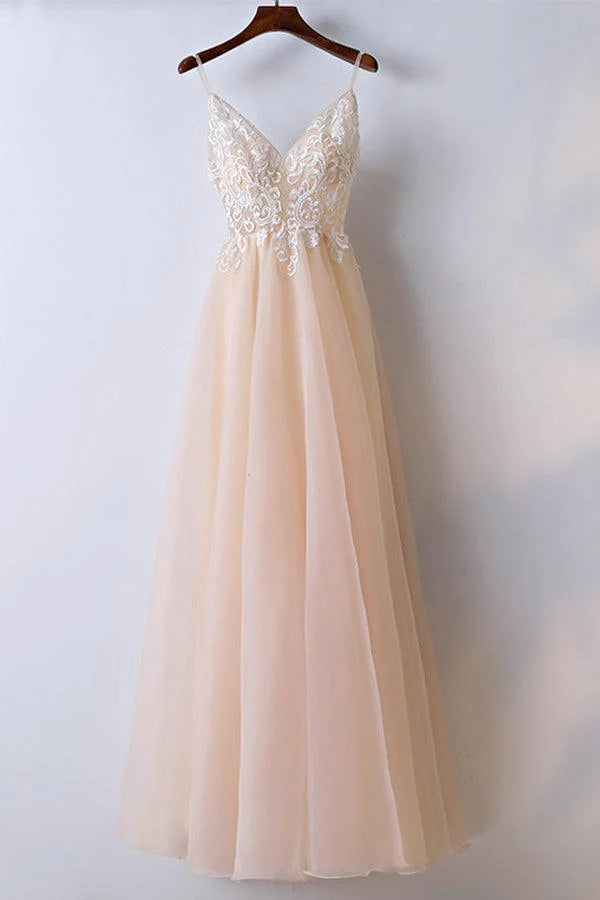 Spaghetti Straps V Neck Lace Tulle Long Prom Dress