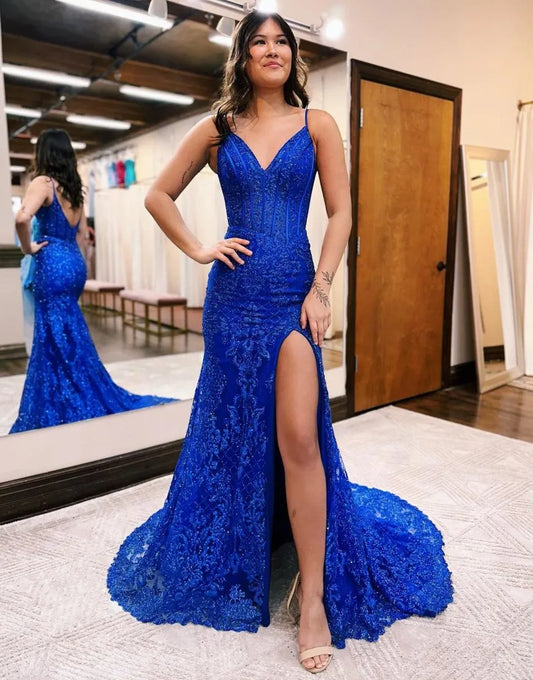 Mermaid V-Neck Court Train Long Prom Dress With Split