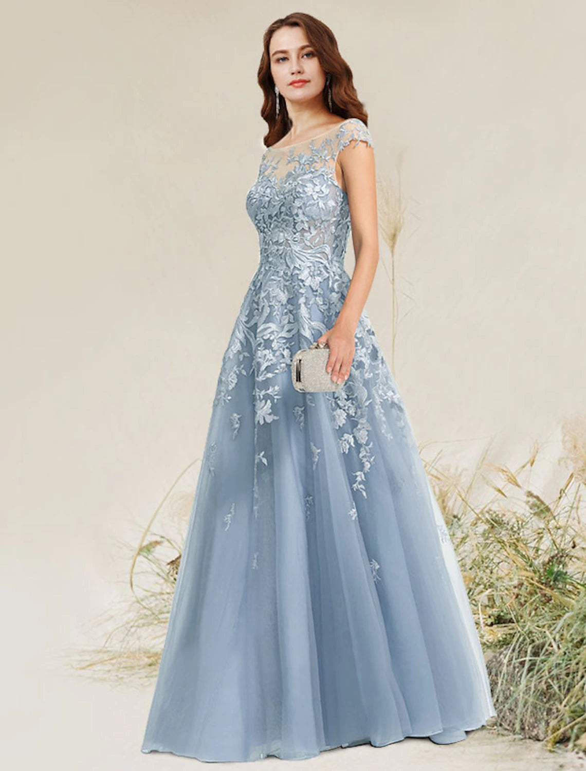 A-Linie Empire Elegantes Partykleid Formelles Abendkleid Rundhalsausschnitt Ärmellos Bodenlang Spitze mit Applikationen