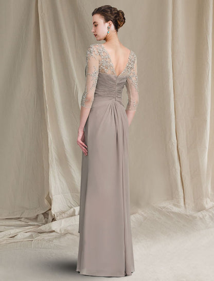 A-Linien-Kleid für die Brautmutter, elegant, Übergröße, Rundhalsausschnitt, bodenlang, Chiffon, Spitze, 3/4-Ärmel mit gerüschten Applikationen