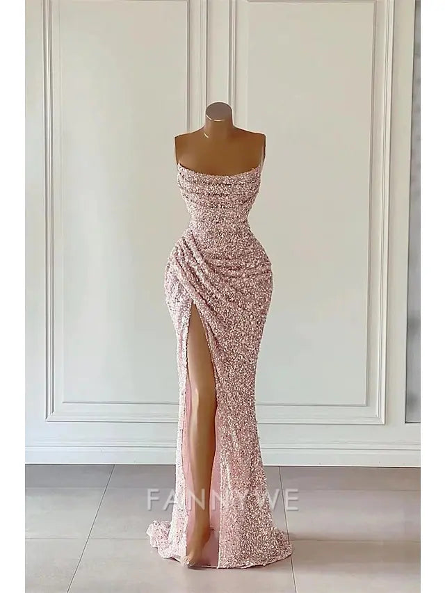 FannyWe Simple Beach Wedding Pink Sheath Sequin Prom Dresses Elegant Dress Formal Prom Floor Length Sleeveless Strapless Masquerade Dress