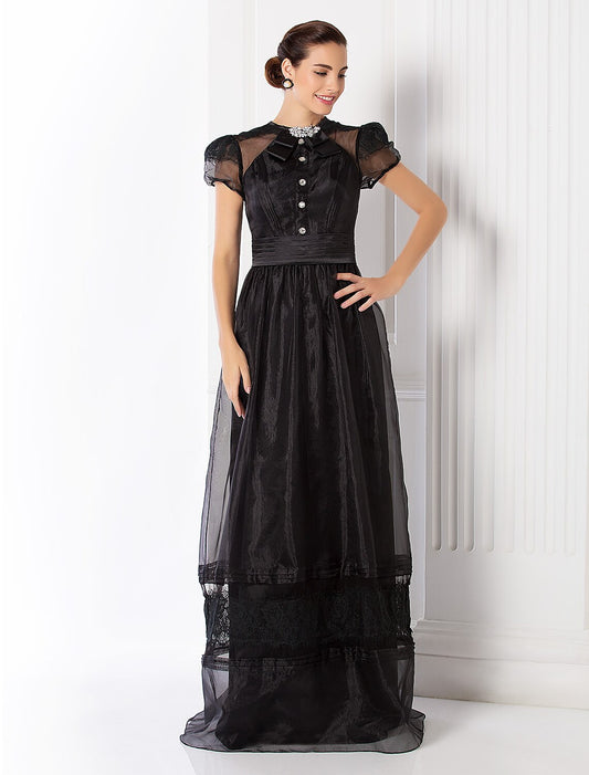 Vestido elegante de tubo/columna para fiesta de graduación, formal, de noche, largo hasta el suelo, manga corta, cuello joya, organza con encaje, faja/cinta fruncida