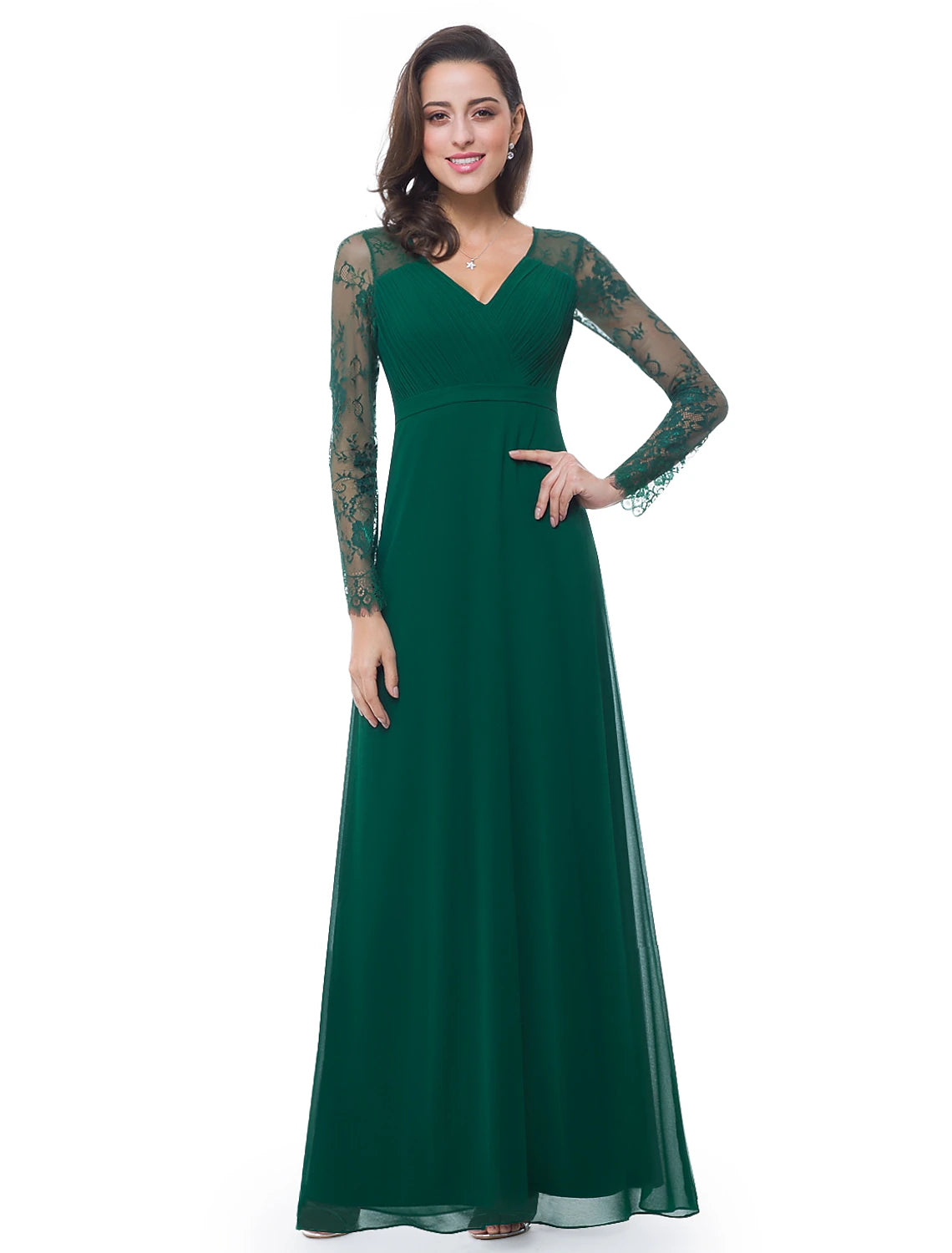 Vestido de noche elegante de corte A para invitada de boda, vestido formal de noche, largo hasta el suelo, manga larga, cuello en V, gasa con faja/cinta y encaje fruncido.