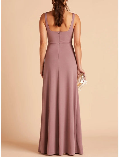 Vestido de dama de honor con corte tubo/columna, escote cuadrado, sin mangas, rosa, largo hasta el suelo, de gasa elástica con abertura frontal/fruncido