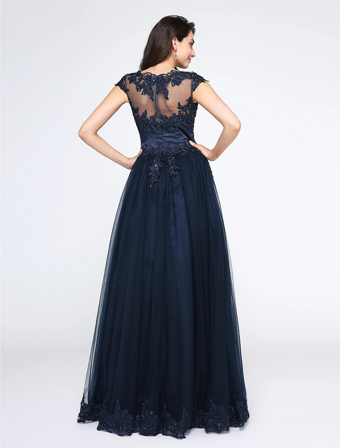 A-Line Little Black Dress Dress Wedding Guest Floor Length Sleeveless V Neck Tulle with Appliques