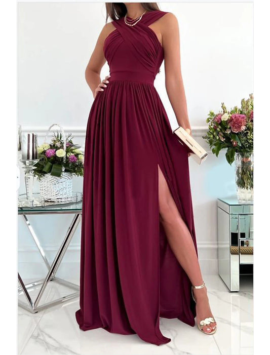 Vestido de fiesta de corte A, sexy, formal, para invitados de boda, largo hasta el suelo, sin mangas, cuello halter, vestido de dama de honor de gasa con abertura fruncida