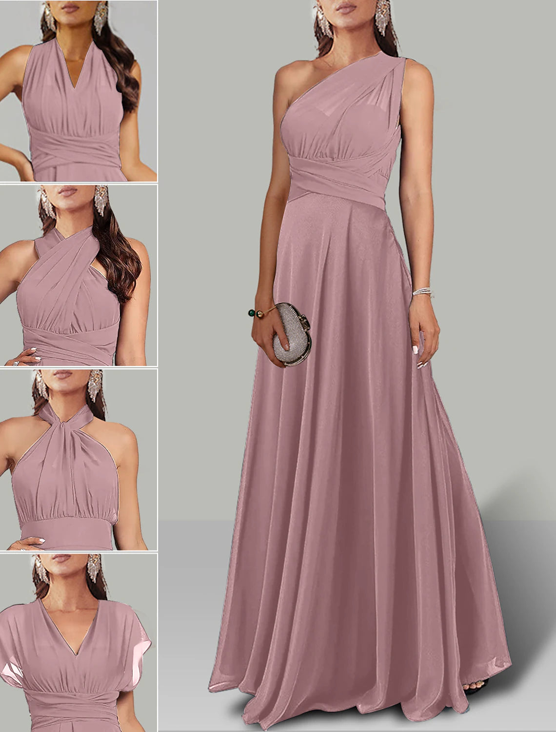 Vestidos de invitada de boda de corte A, vestido infinito, fiesta de bodas, verano, largo hasta el suelo, manga corta, cuello halter, convertible en gasa con fruncido