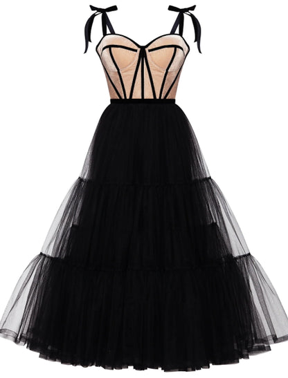 A-Line Cocktail Dresses Party Dress Wedding Guest Cocktail Party Tea Length Sleeveless Sweetheart Wednesday Addams Family Tulle with Pleats Tiered