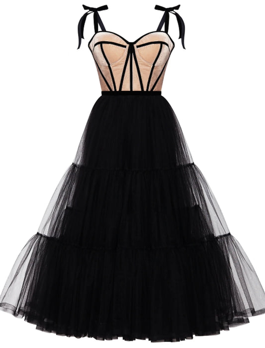 A-Line Cocktail Dresses Party Dress Wedding Guest Cocktail Party Tea Length Sleeveless Sweetheart Wednesday Addams Family Tulle with Pleats Tiered