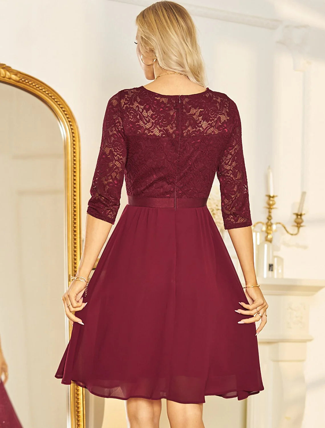 Vestidos de cóctel de corte A, minimalistas, para fiesta, hasta la rodilla, media manga, cuello en V, de gasa con pliegues