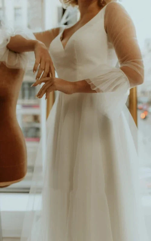 A Line Tulle V-neck Bell Simple Wedding Dress with Ruching