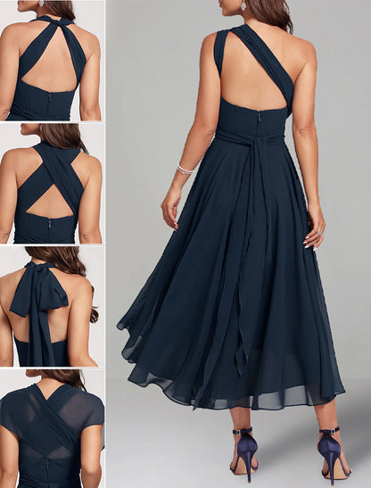 A-Linie Hochzeitsgastkleider Elegantes Kleid Formelle Hochzeitsfeier Teelänge Ärmellos Eine Schulter Herbst Hochzeitsgast Chiffon mit Rüschen
