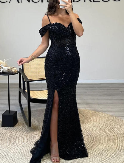 A-Line Prom Dresses Glittering Dress Formal Prom Floor Length Sleeveless Spaghetti Strap Sequined with Pearls Sequin